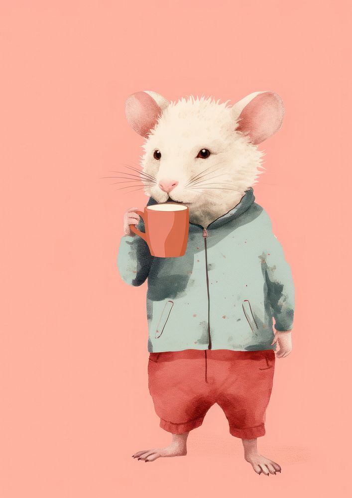 Hamster drinking coffee Risograph mammal rodent animal.