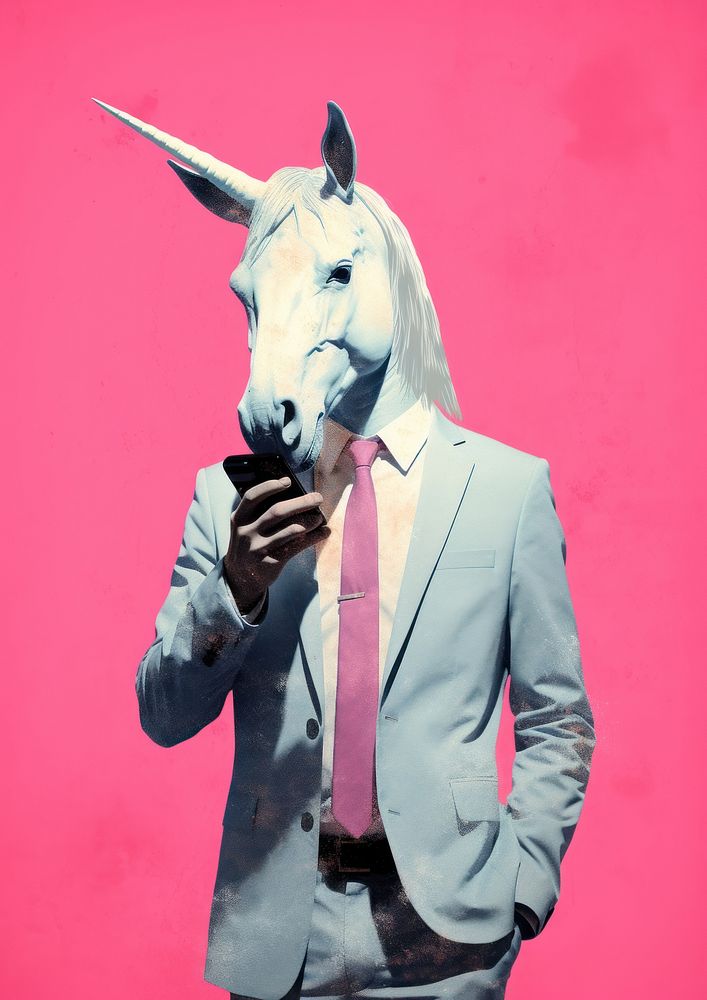 Unicorn businessman using smartphone Risograph portrait animal mammal.