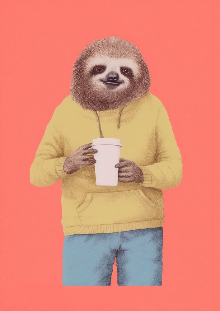 Sloth drinking coffee Risograph wildlife mammal animal.