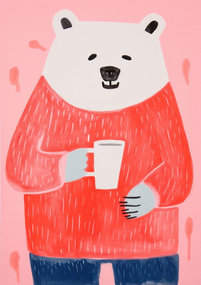 Bear drinking coffee Risograph art painting mammal.