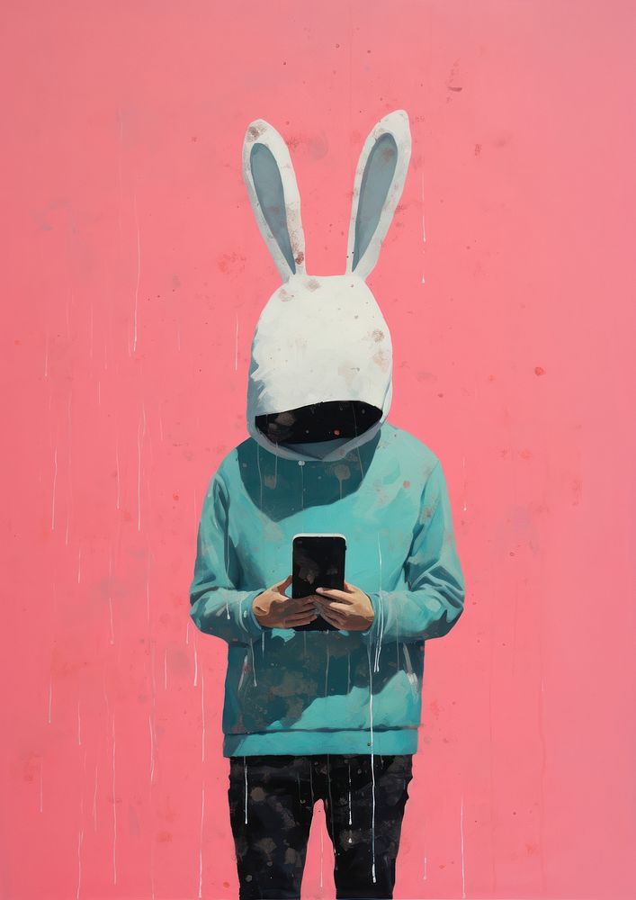 Rabbit using smartphone Risograph painting representation electronics.