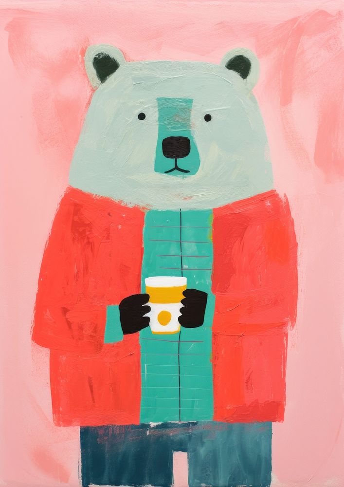 Bear holding coffee mug painting mammal art.
