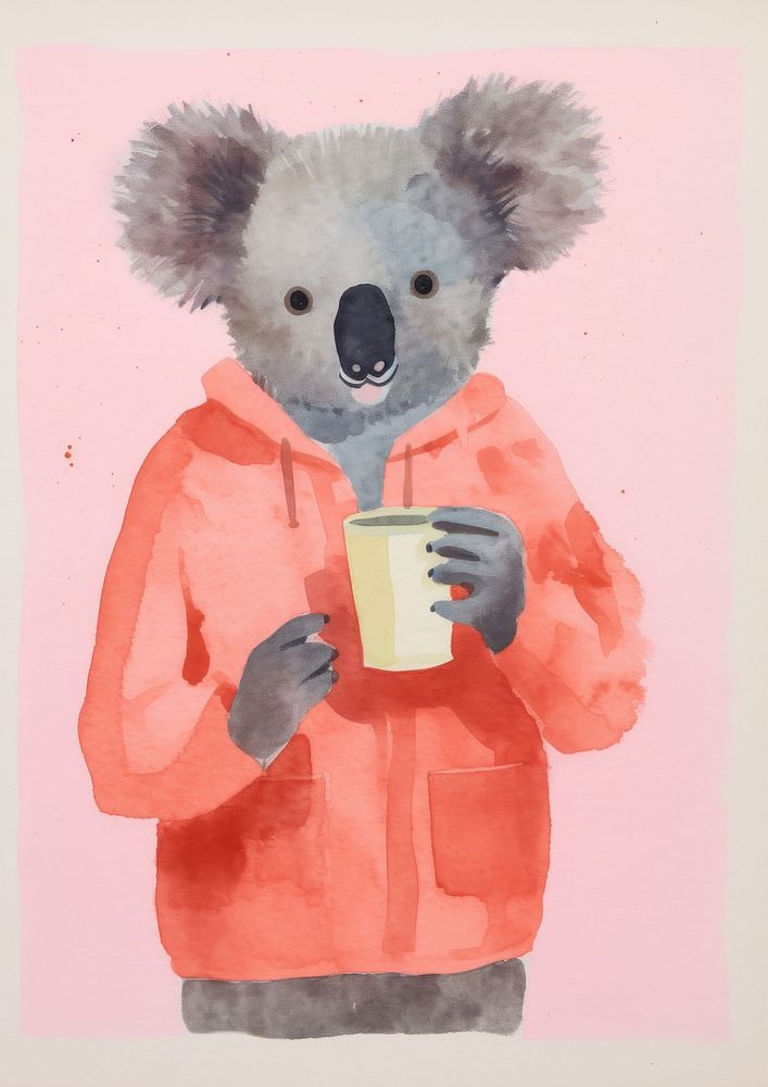 Koala drinking coffee Risograph cute art representation.