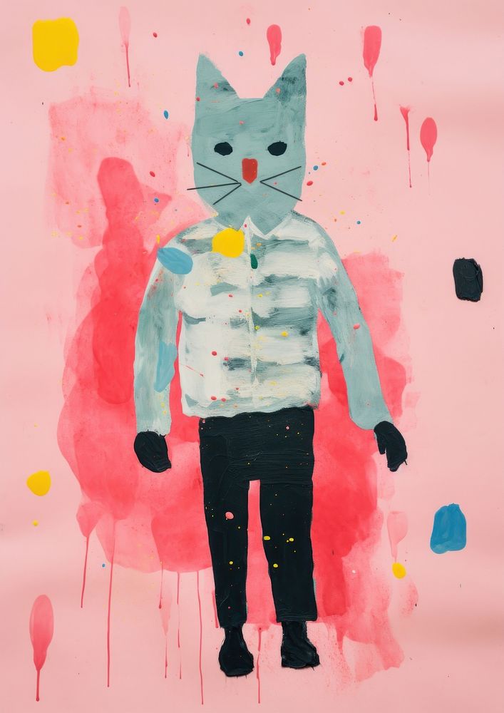 Party cat Risograph painting anthropomorphic representation.