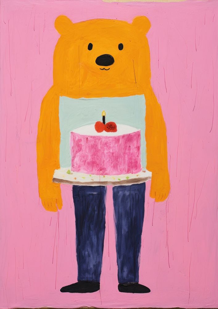 Bear holding cake Risograph art painting dessert.