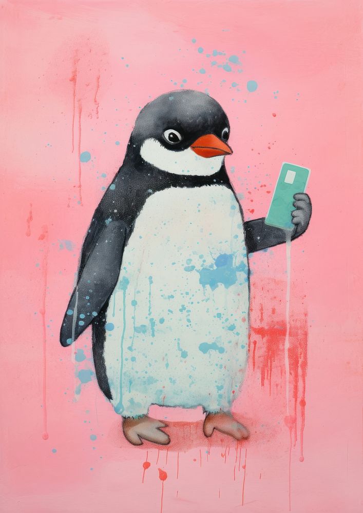 Penguin using smartphone Risograph animal bird wildlife.