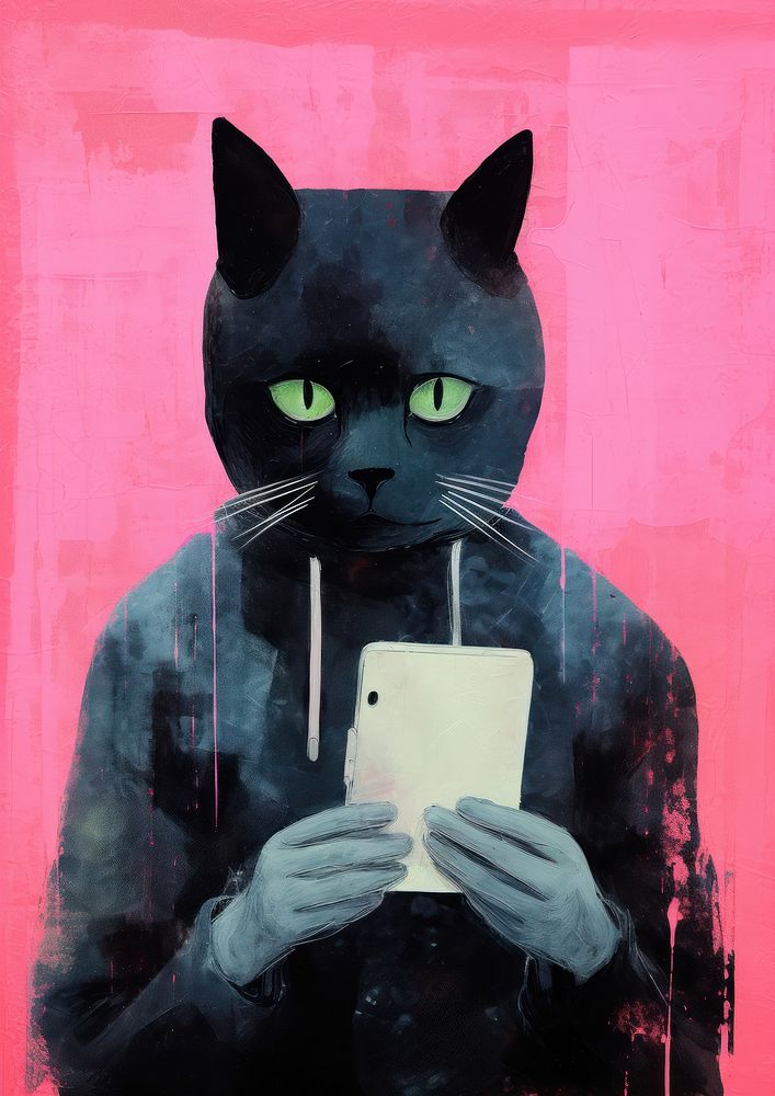 Cat using smartphone Risograph painting animal mammal.