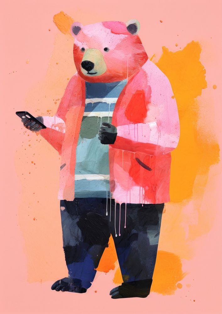 Bear using smartphone Risograph painting mammal representation.