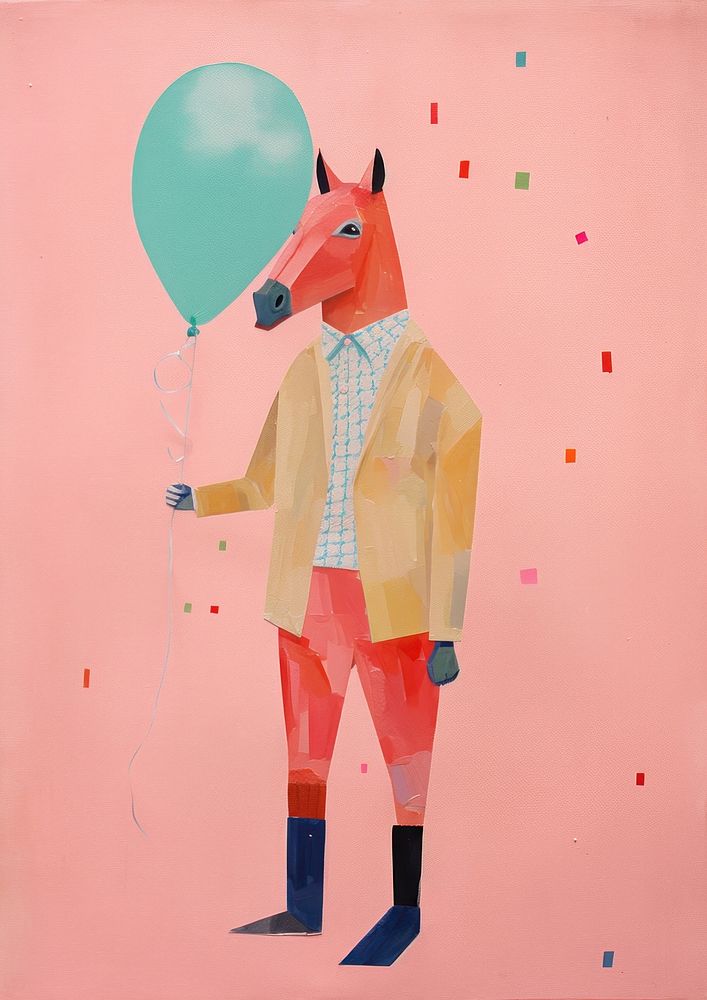 Cute horse in birthday party costume painting balloon representation.