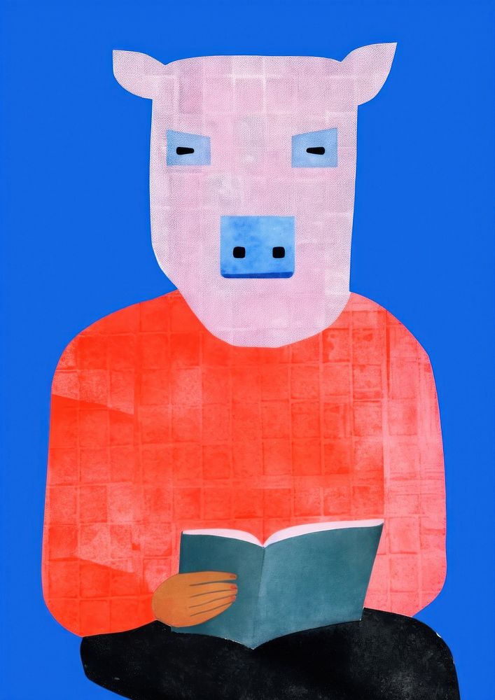 Cute pig reading a book painting art representation.
