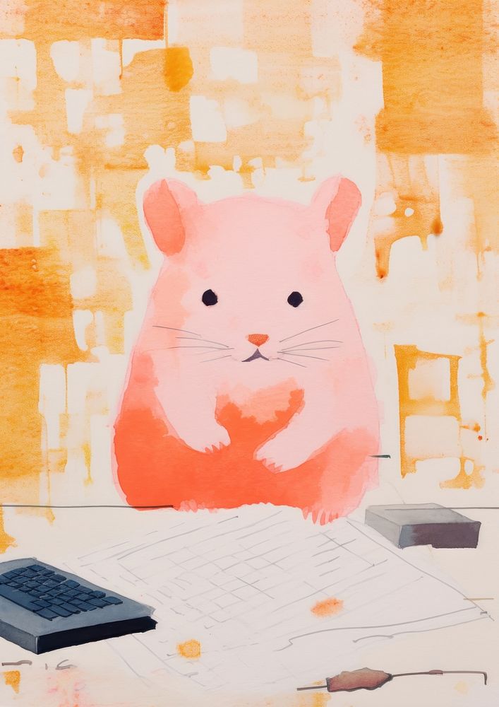Hamster doing homework Risograph art painting drawing.