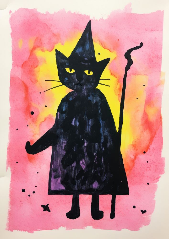 Witch cat Risograph art painting mammal.
