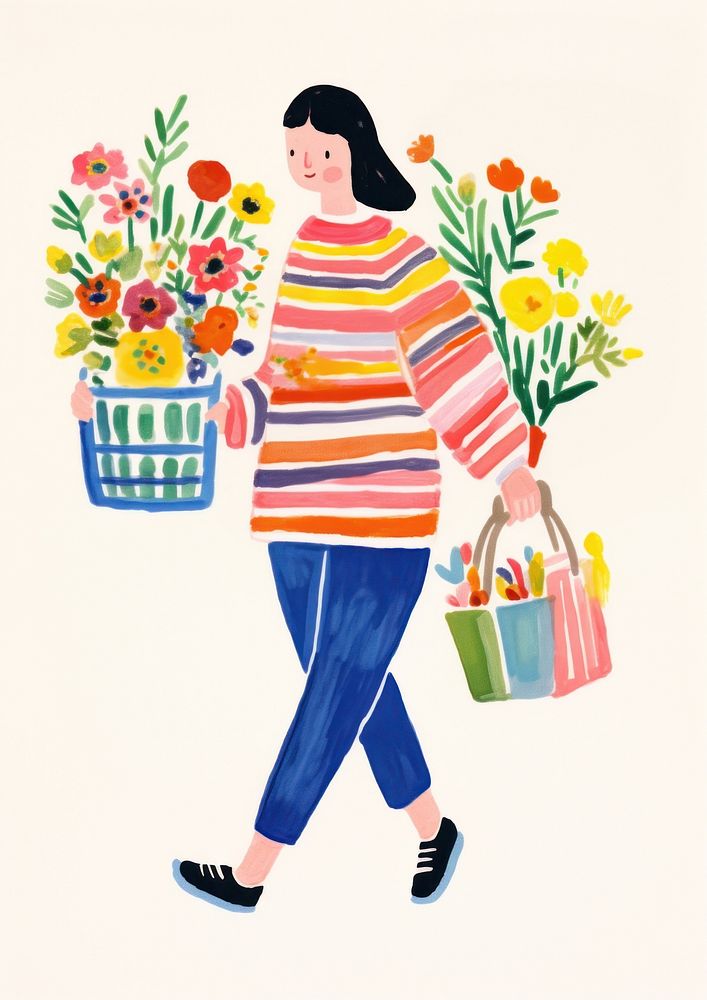 A cartoon cat holding a bunch of flowers shopping painting walking. AI generated Image by rawpixel.