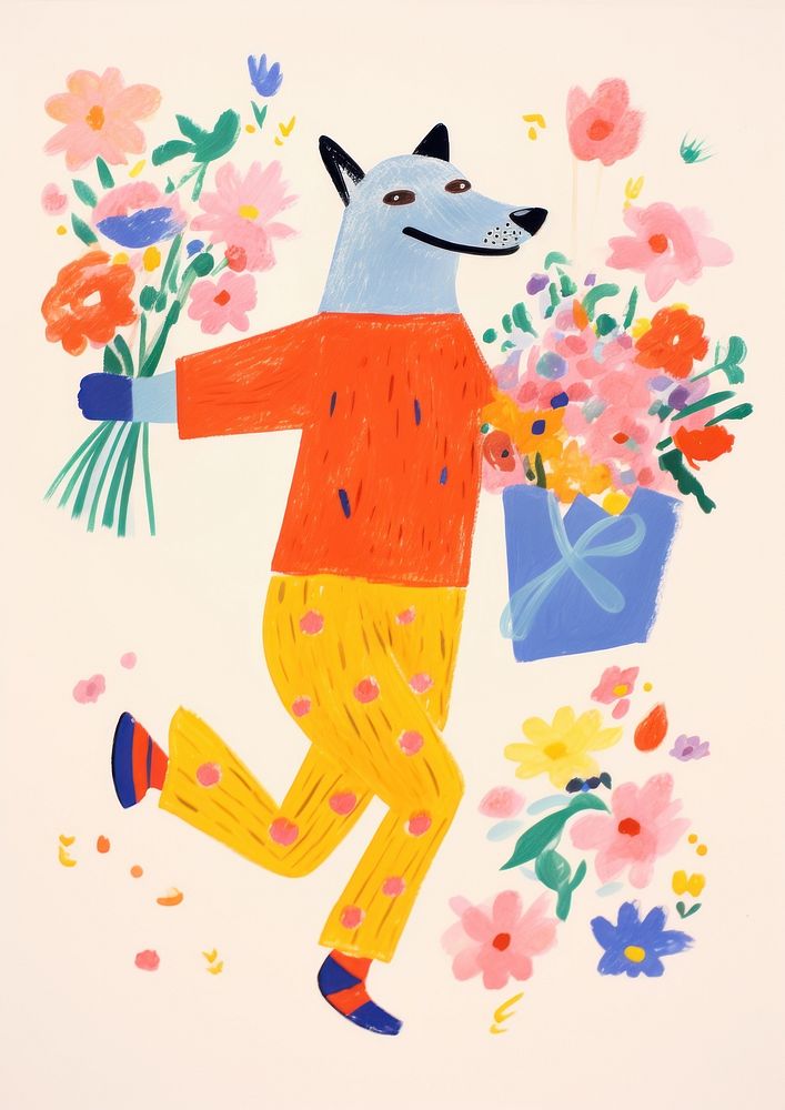 Dog holding a bunch of flowers art painting cartoon. AI generated Image by rawpixel.