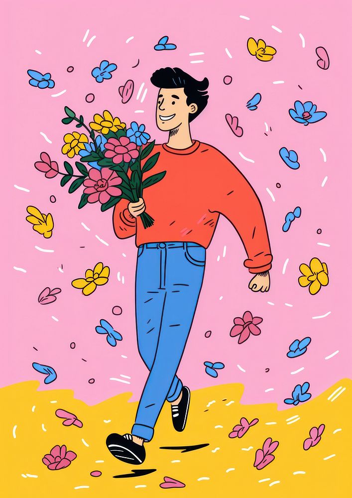 Man holding a bunch of flowers cartoon drawing celebration. AI generated Image by rawpixel.