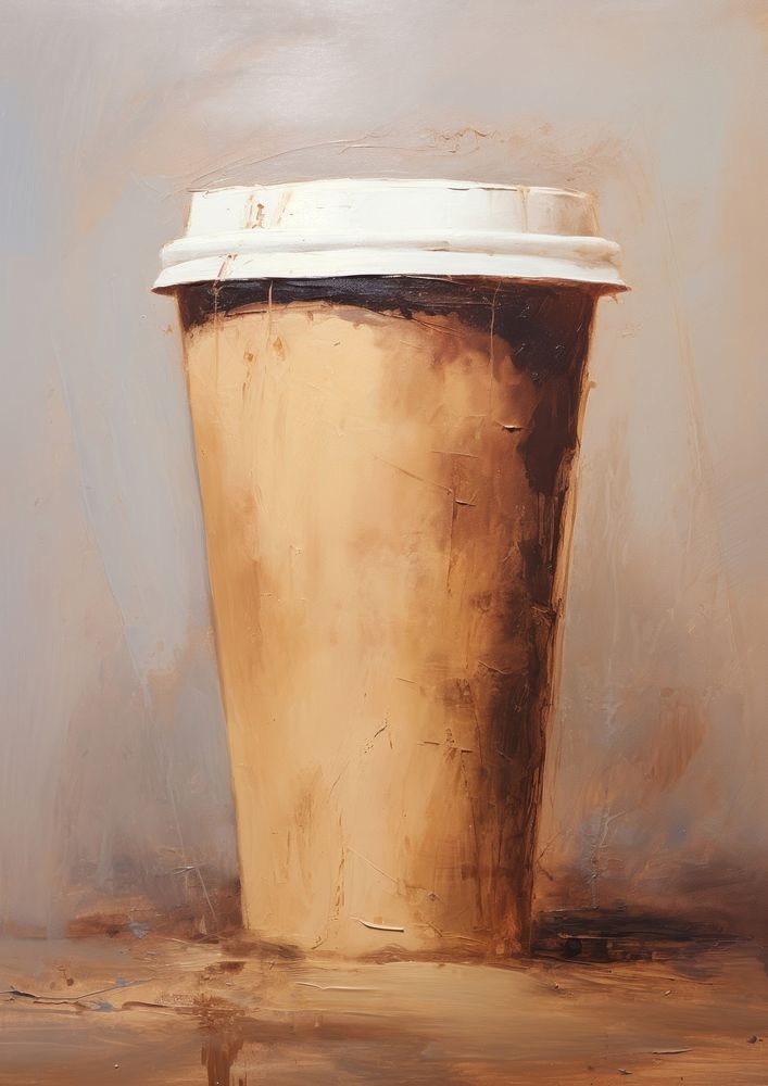 Clsoe up on pale hot paper cup of coffee painting refreshment disposable.