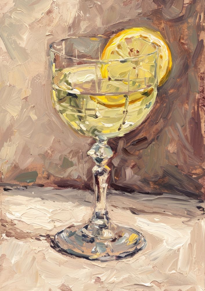 Oil painting of a clsoe up on pale Cocktail cocktail drawing glass.