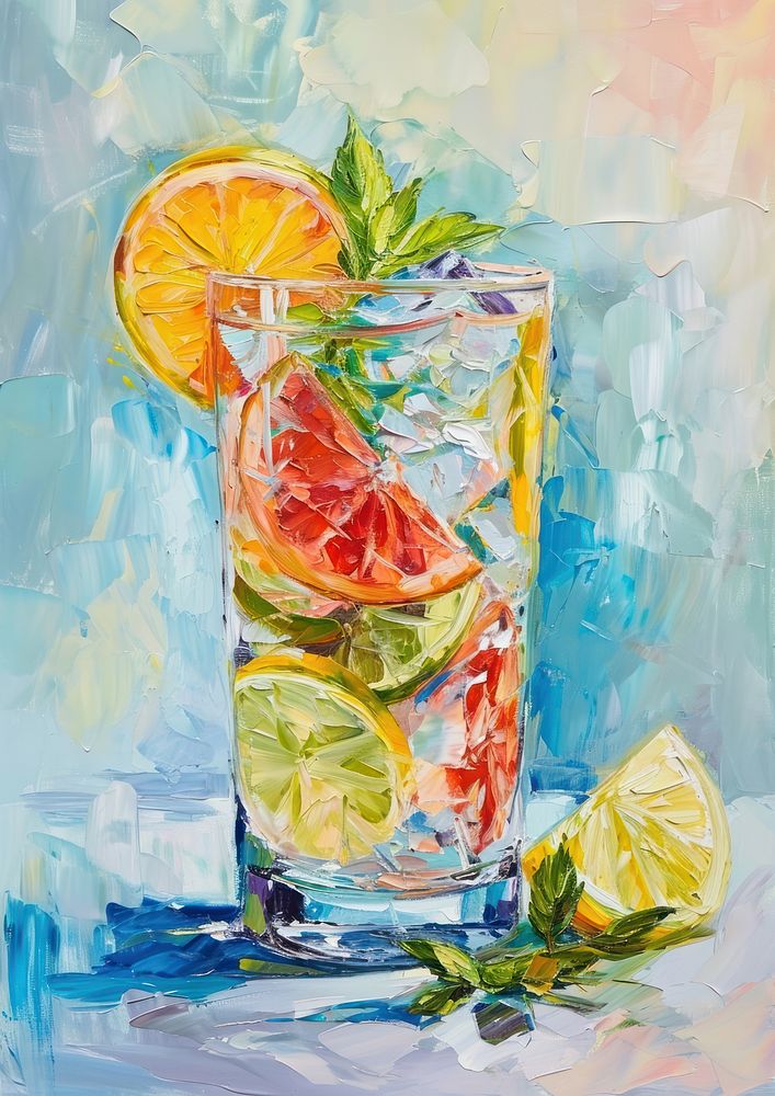 Oil painting of a clsoe up on pale Cocktail cocktail grapefruit drawing.