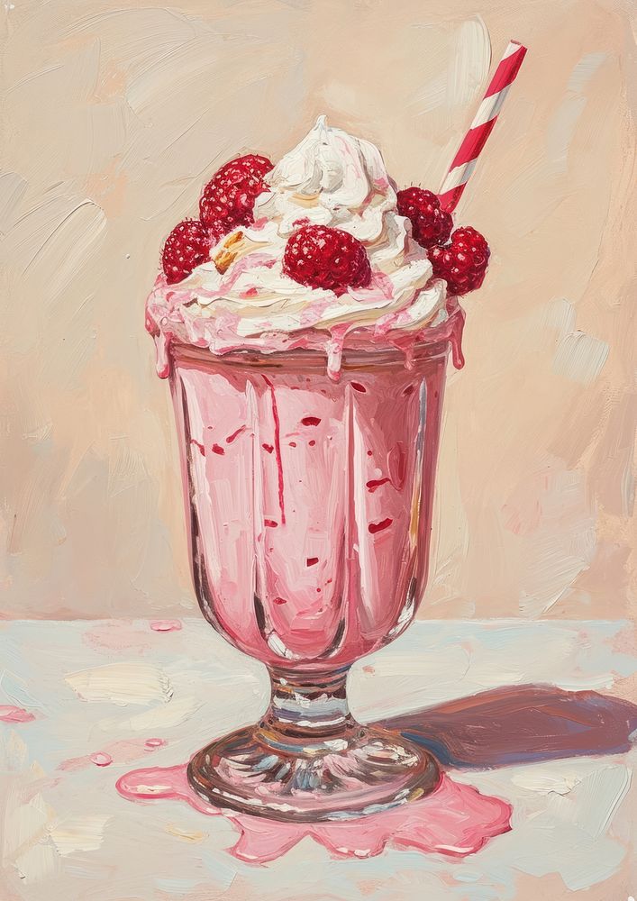 Oil painting of a clsoe up on pale smoothie dessert sundae cream.