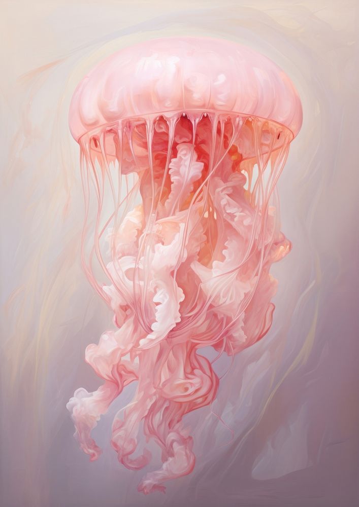 Clsoe up on pale oil painting jellyfish invertebrate underwater undersea.