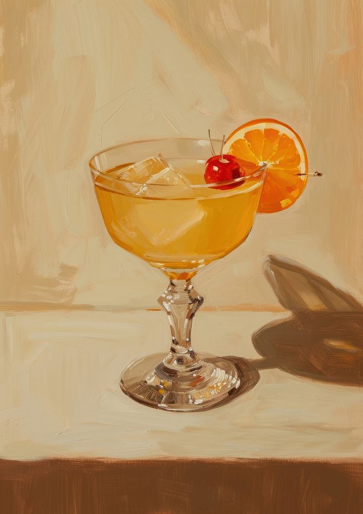 Oil painting of a clsoe up on pale Cocktail cocktail drink fruit.