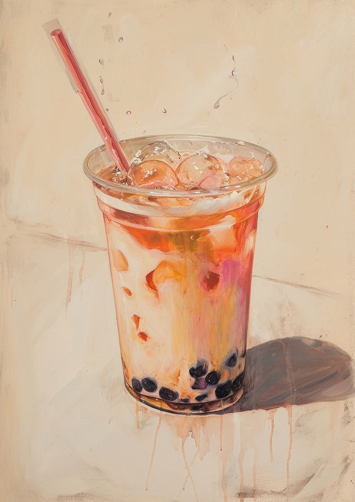 Oil painting of a clsoe up on pale Bubble tea drink refreshment disposable.