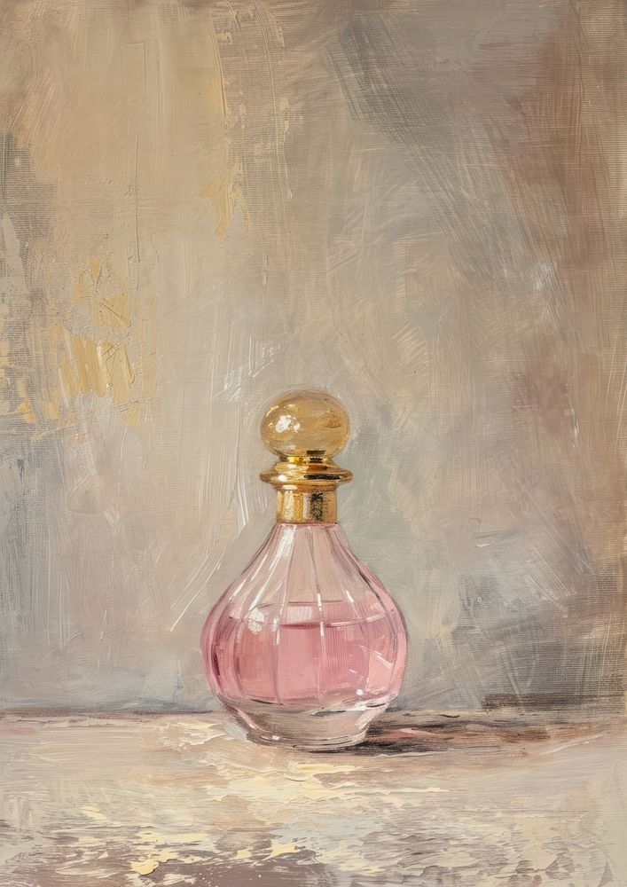 Oil painting of a clsoe up on pale perfume bottle drinkware container cosmetics.