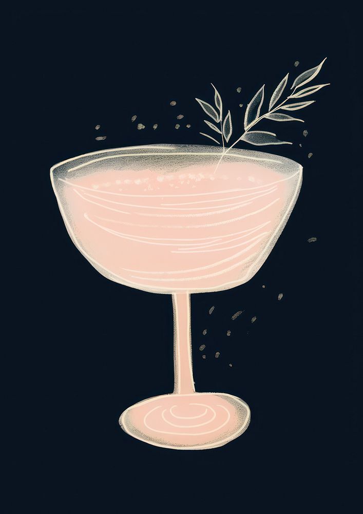 Chalk style champagne glass cocktail drink black background.