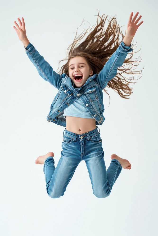 Excited happy pretty girl in jeans clothes high jump portrait jumping child.