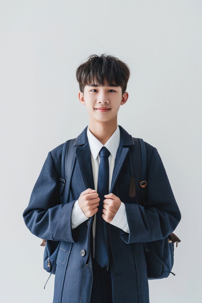 Highschool chinese Student boy overcoat portrait uniform.