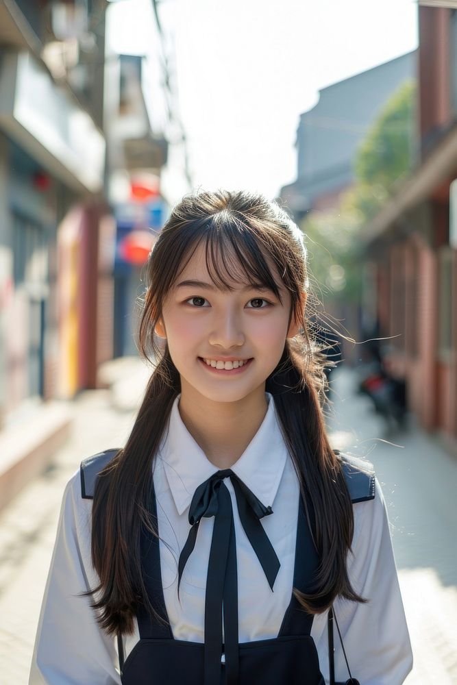 Highschool chinese Student girl smile happy school uniform.