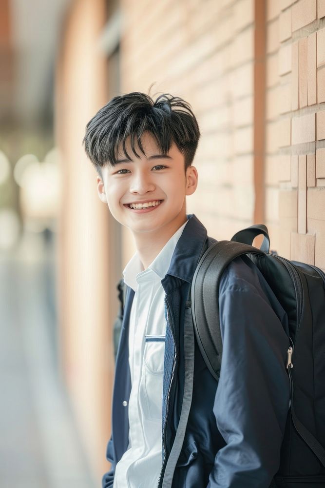 Highschool taiwanese Student boy smile happy architecture.