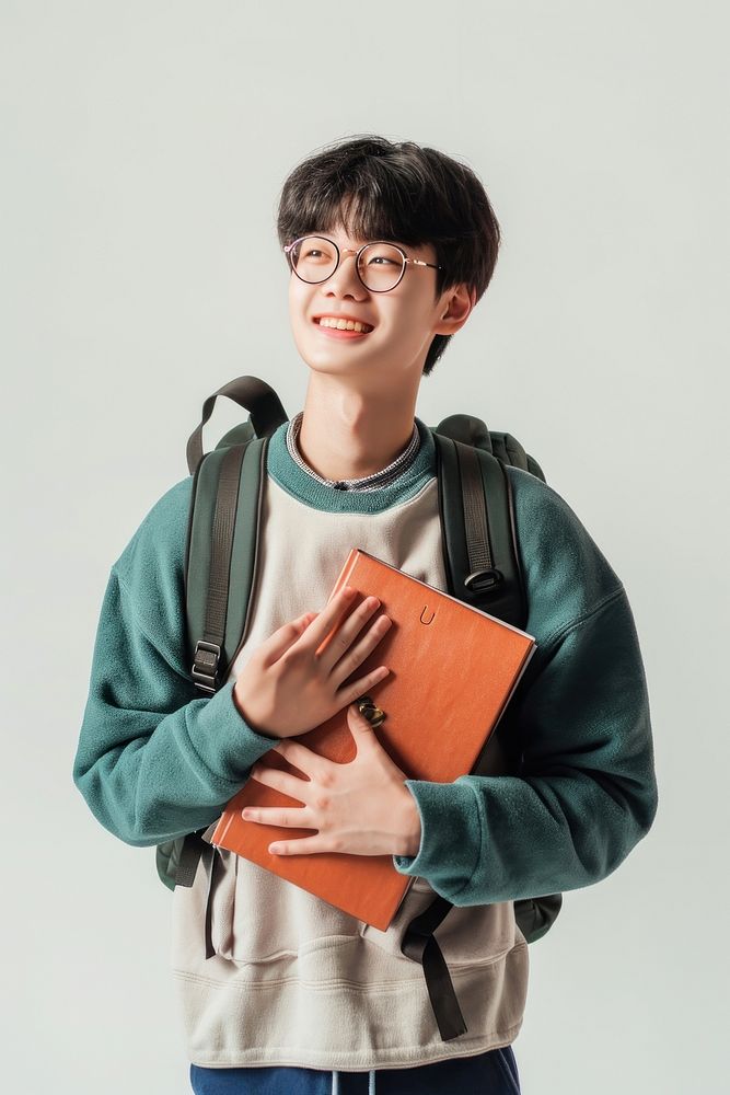 Happy Korean Student boy student portrait backpack.