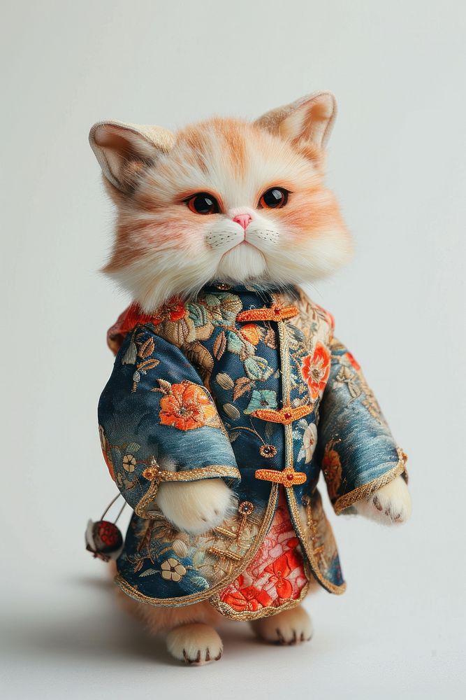 Stuffed doll cat wearing chinese clothe mammal animal cute.
