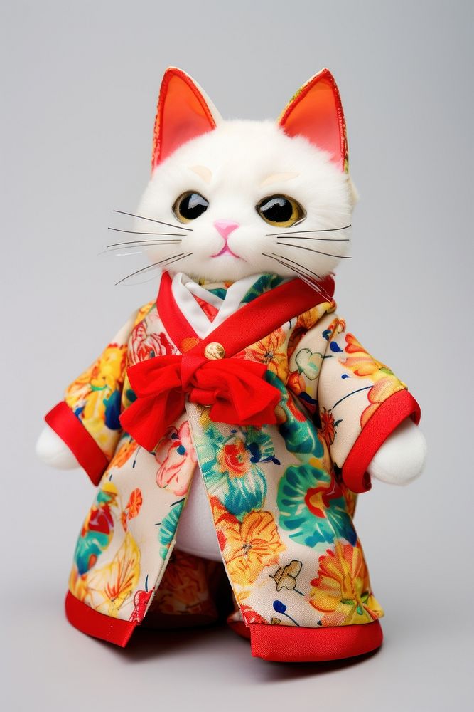Stuffed doll cat wearing chinese dress mammal kimono cute.
