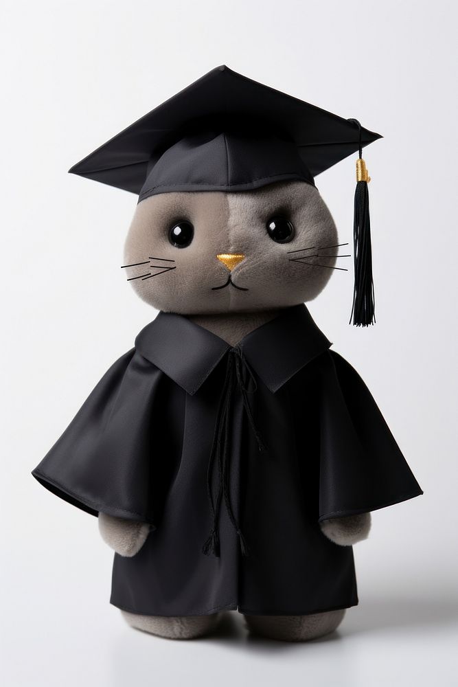 Stuffed doll cat wearing graduation gown toy anthropomorphic representation.