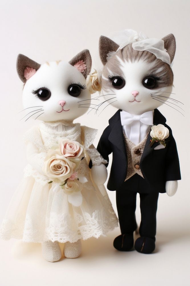 Stuffed doll cats wearing wedding clothe figurine animal mammal.