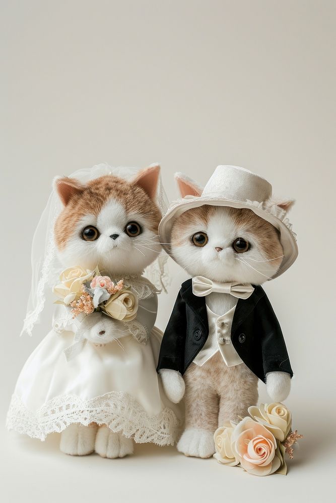 Stuffed doll cats wearing wedding clothe white cute toy.