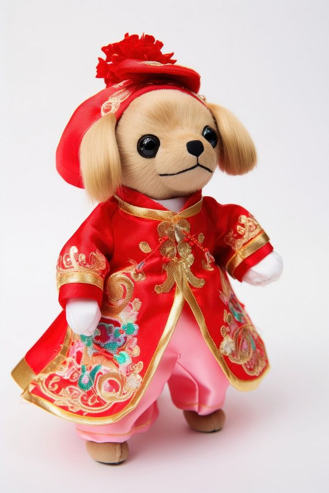 Stuffed doll dog wearing chinese dress figurine cute toy.