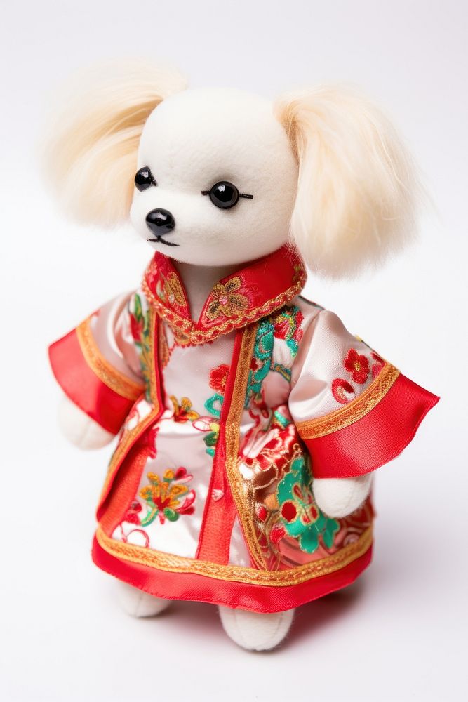 Stuffed doll dog wearing chinese dress white cute toy.