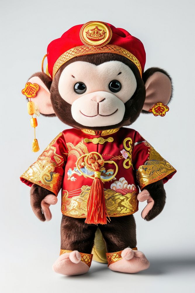 Stuffed doll monkey wearing chinese clothe cute toy representation.