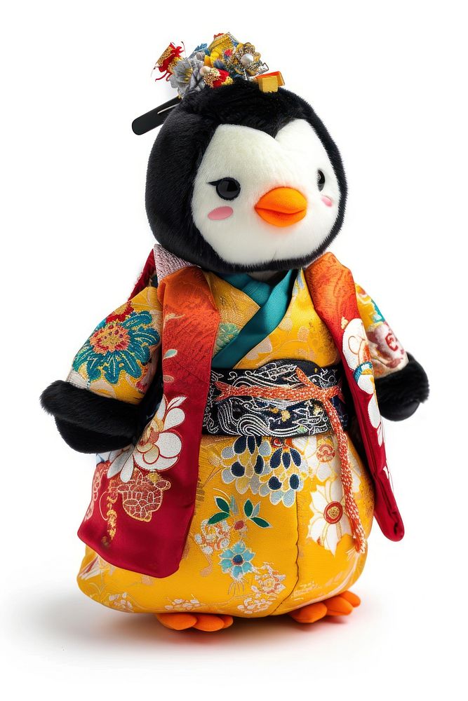 Stuffed doll penguin wearing chinese clothe toy white background representation.