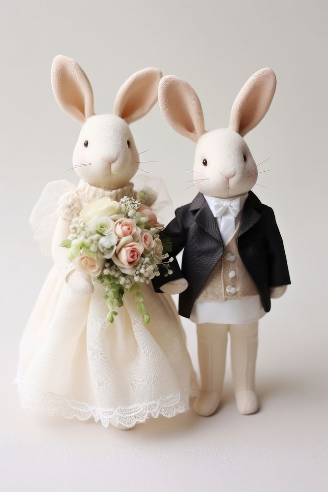 Stuffed doll rabbits wedding figurine flower white.