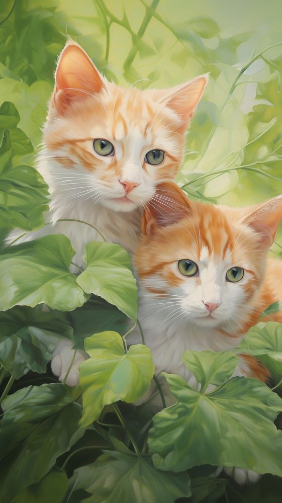  Kittens light green portrait painting. AI generated Image by rawpixel.