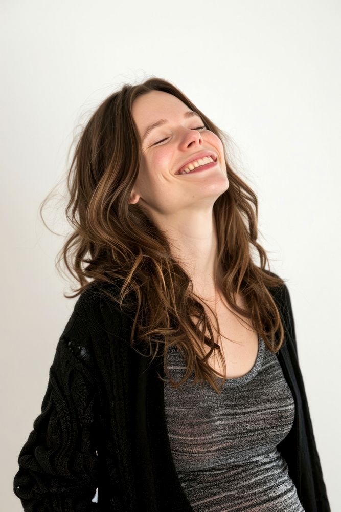 Pregnant british woman portrait laughing smiling.