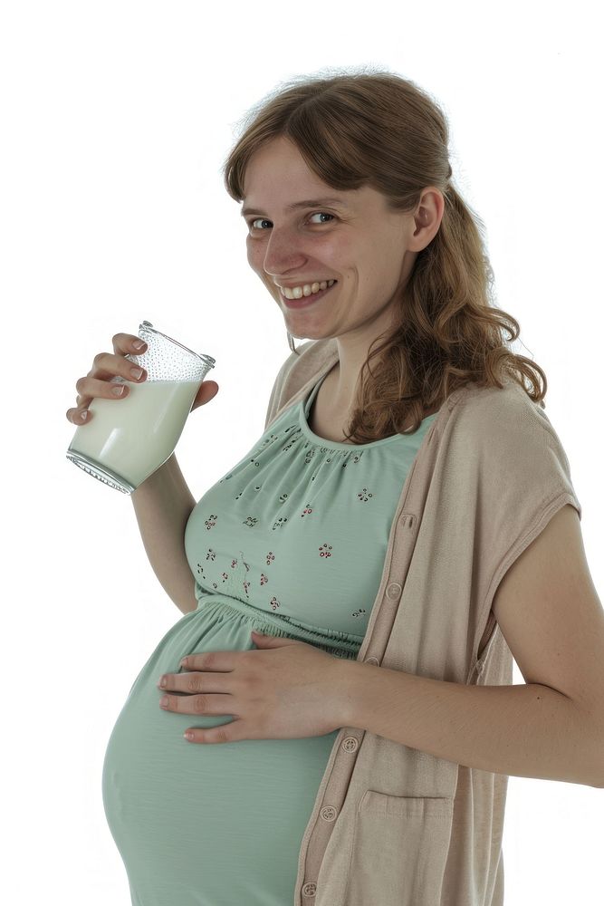 Pregnant british woman portrait milk drinking.