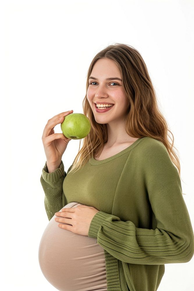 Pregnant british woman portrait apple smiling.