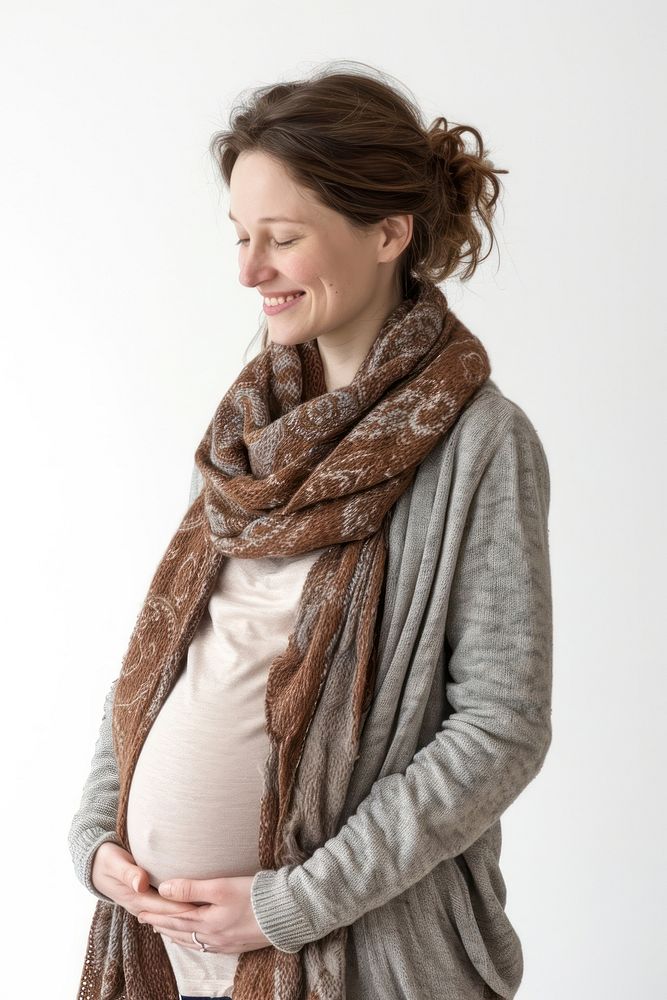 Pregnant british woman portrait smiling scarf.