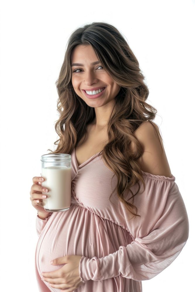 Pregnant latin woman portrait milk drinking.