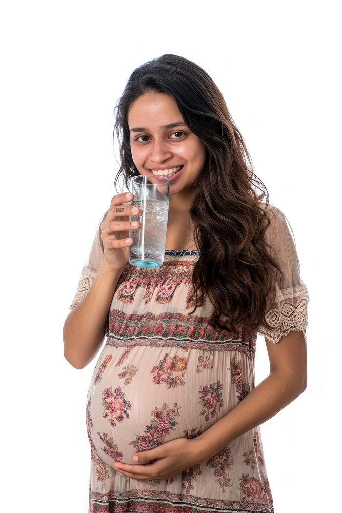 Pregnant latin woman drinking portrait smiling.